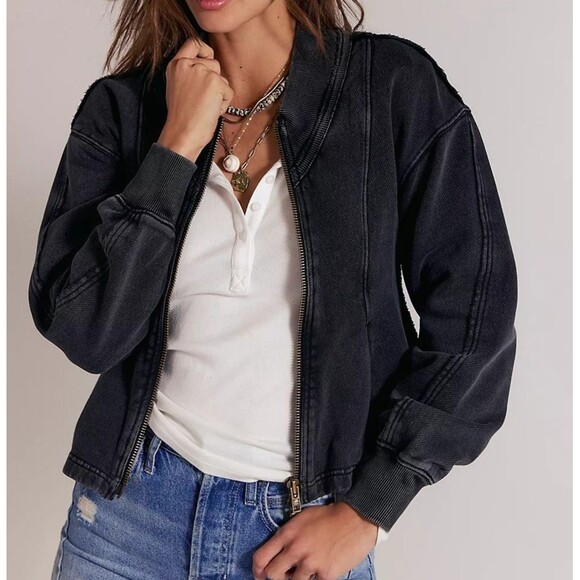 Free People Ziggy Zip-Up Jacket Top Ribbed Collared Seam Black Cotton S 286419